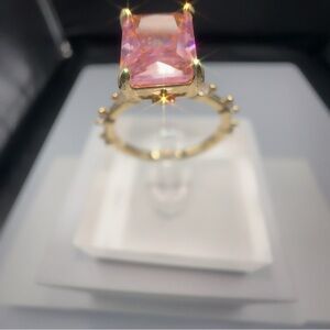 Princess Cut Pink CZ Ring Gold Plated Brass Size 7